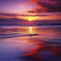 Generate an image of a stunning sunset over a calm ocean, creating a magnificent splash of oranges, reds, and purples against the serene water.