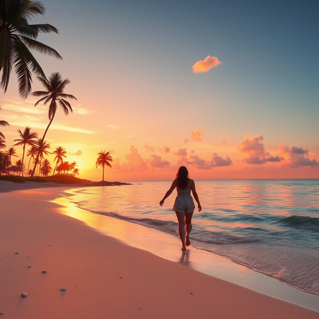 A beautiful and vibrant scene of a serene beach at sunset, with golden and pink hues reflecting on the water, palm trees swaying gently in the breeze, a few fluffy clouds in the sky, and a silhouette of a couple walking hand in hand along the shore