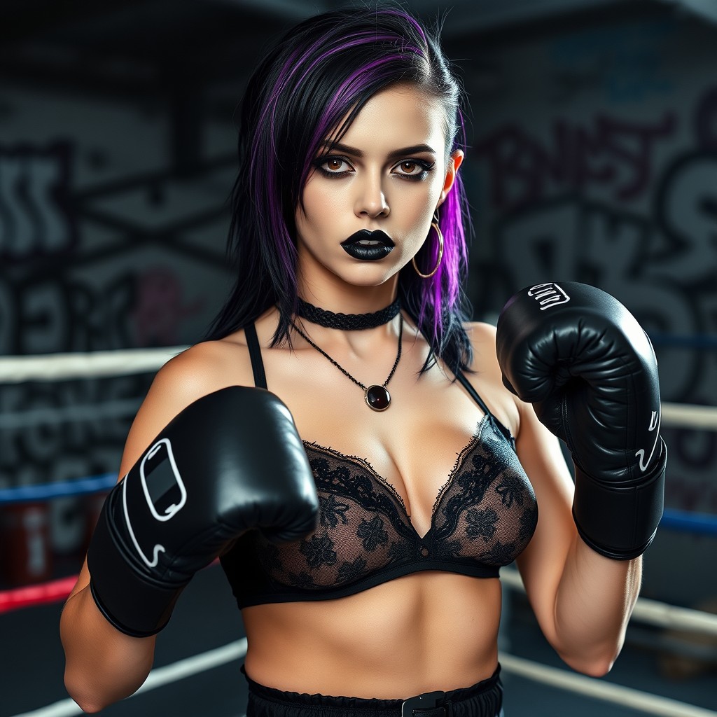 A fierce female boxer with a goth aesthetic, standing in a boxing ring