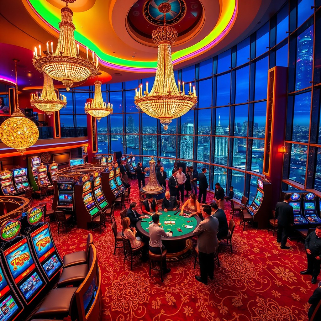 A vibrant and luxurious casino interior showcasing dazzling slot machines, a glamorous poker table surrounded by excited players, opulent chandeliers hanging from the ceiling, richly decorated carpets, and the warm glow of ambient lighting