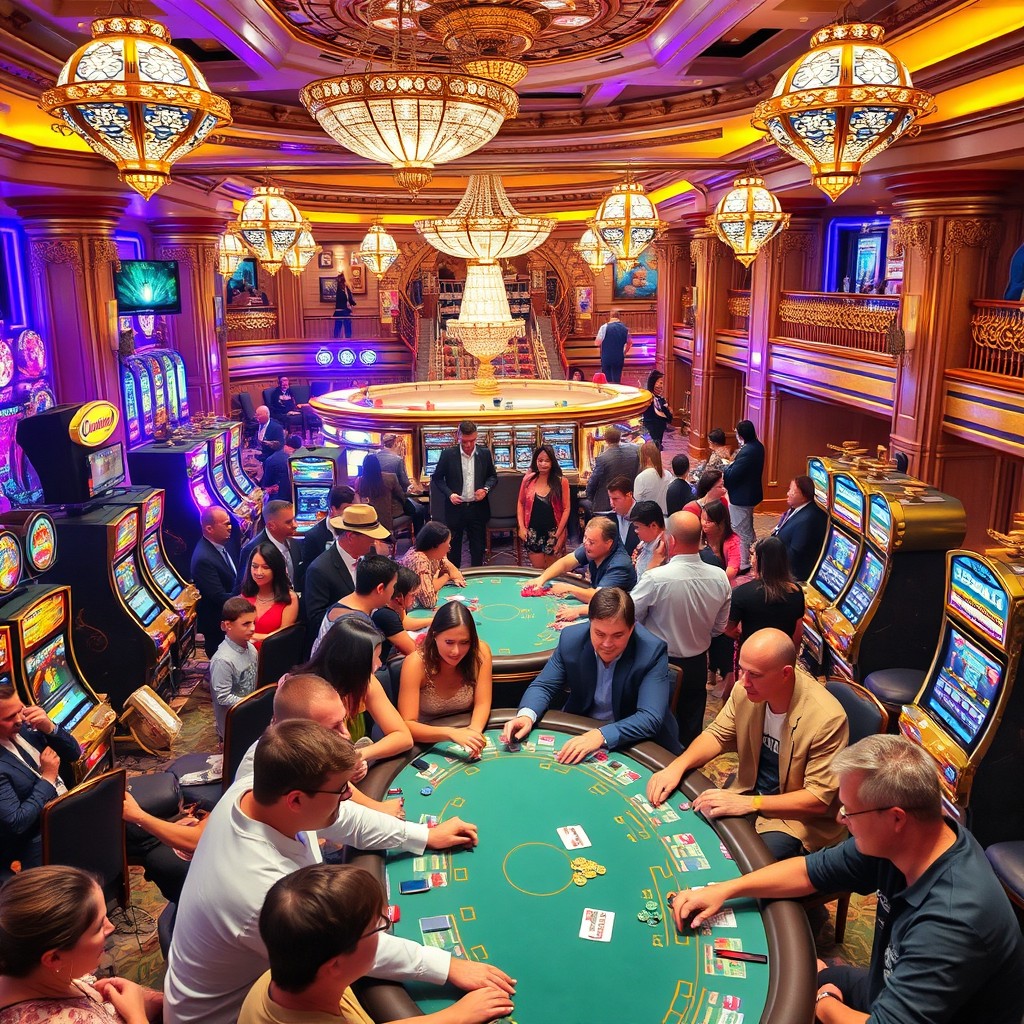 A vibrant and bustling casino scene, filled with colorful slot machines, poker tables, and excited patrons