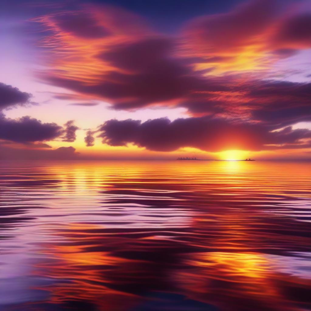 Generate an image of a stunning sunset over a calm ocean, creating a magnificent splash of oranges, reds, and purples against the serene water.