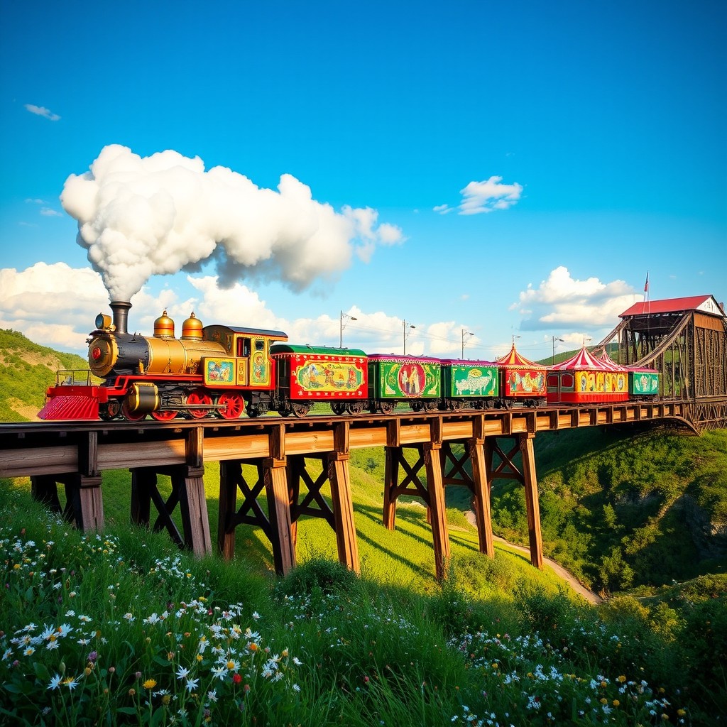 A majestic steam circus train crossing a grand wooden trestle bridge, with colorful circus cars and vibrant designs