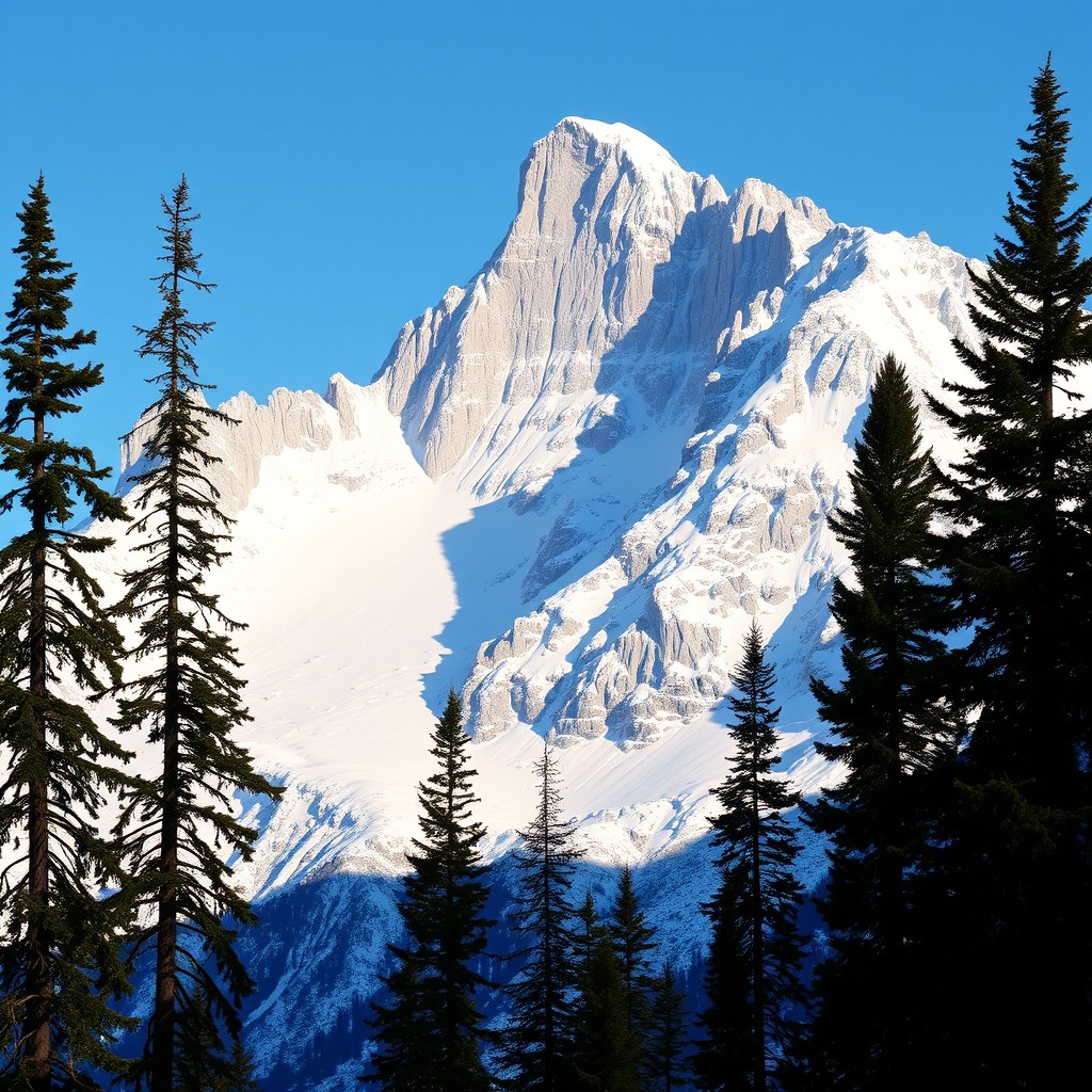 A breathtaking view of a very tall, jagged, and sharp snowy mountain peak, dominating the horizon with its rugged cliffs and pristine white snow covering the rugged terrain