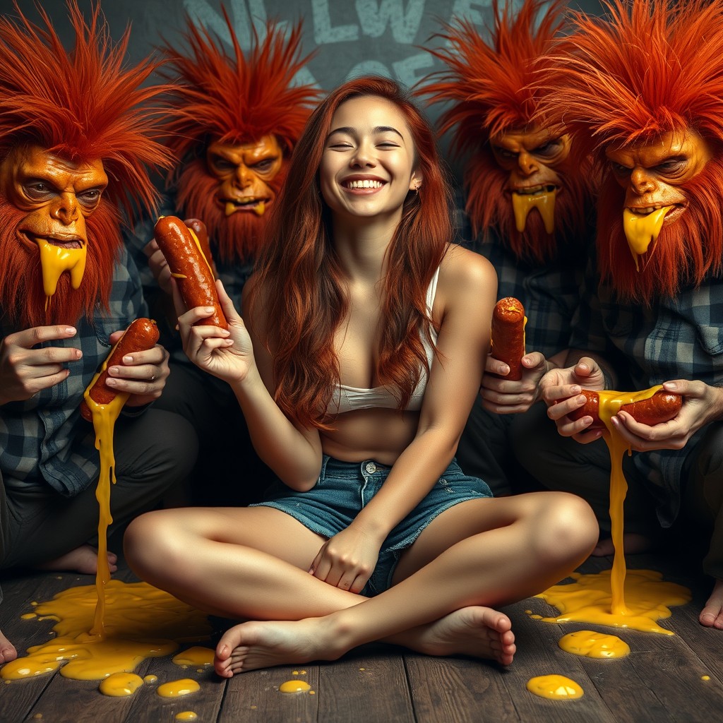 A hot Filipino girl with red hair, around 18 years old, sitting criss-cross and smiling with her eyes closed