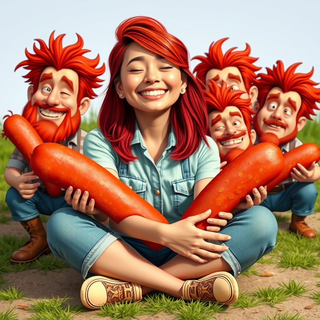 A cheerful young woman of Filipino descent with a playful smile, her eyes gently closed, sitting crisscross on the ground