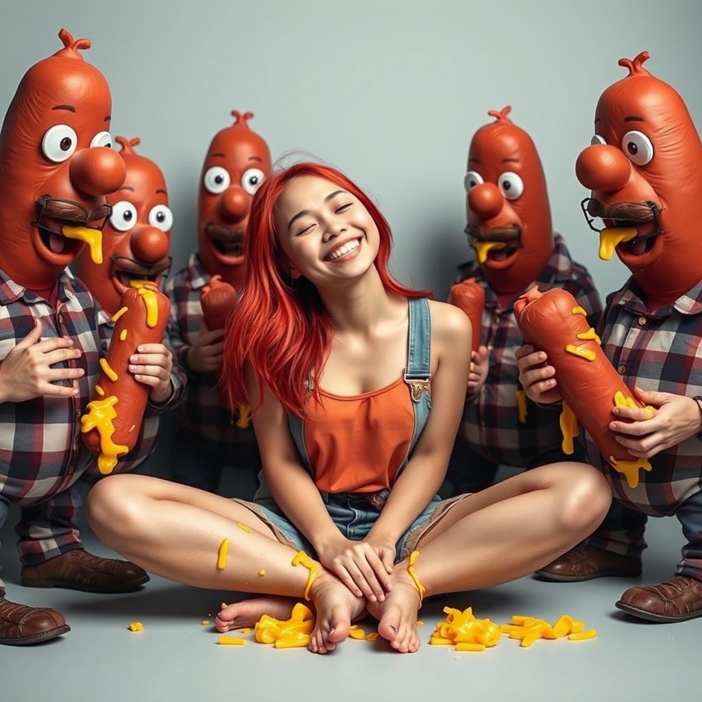 A whimsical scene featuring a young woman of Filipino descent who is playfully transforming into a character that resembles local redneck culture