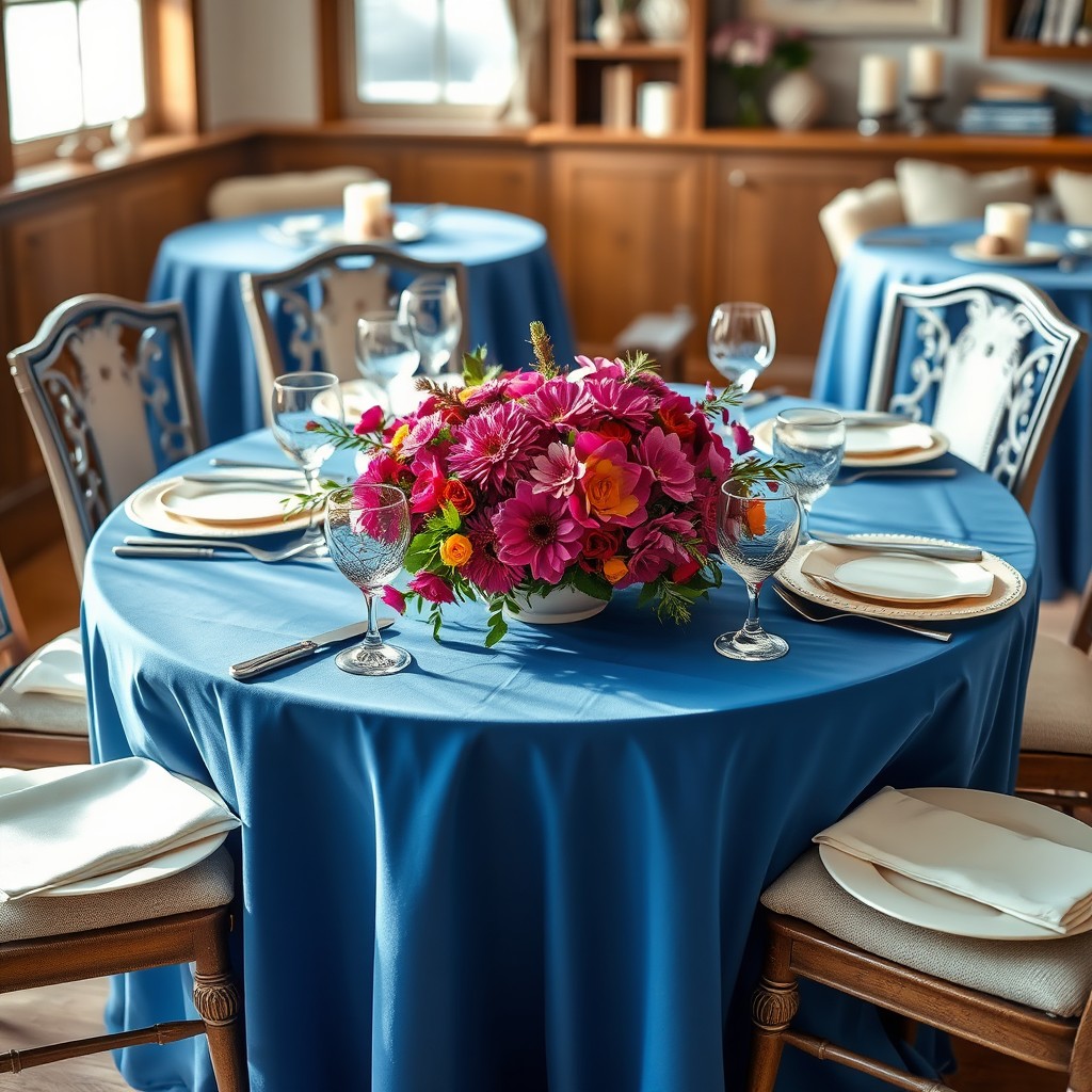 A beautifully set dining table covered with a rich blue tablecloth