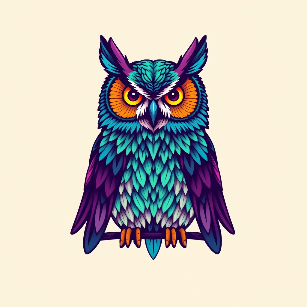 A vibrant t-shirt design featuring a detailed and colorful owl as the focal point