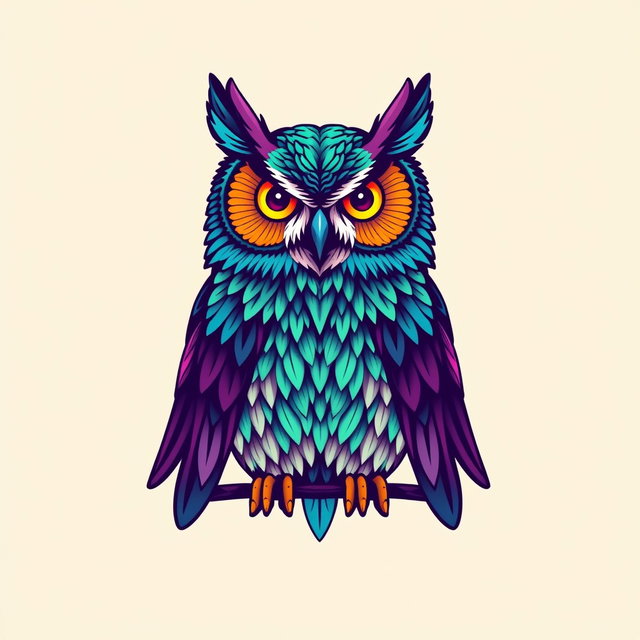 A vibrant t-shirt design featuring a detailed and colorful owl as the focal point