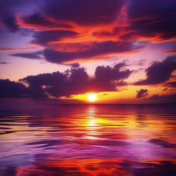 Generate an image of a stunning sunset over a calm ocean, creating a magnificent splash of oranges, reds, and purples against the serene water.