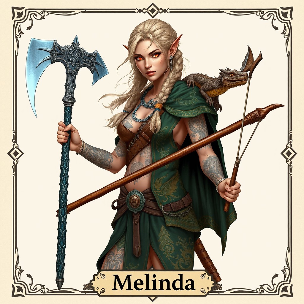 A wood elf barbarian with intricate tattoos adorning her skin
