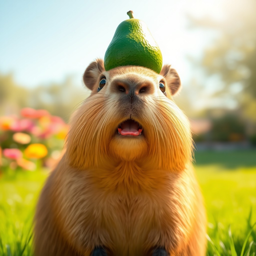 A cute capybara with a bright green avocado perched comically on its head