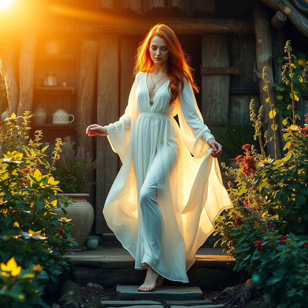 Swieta, a beautiful woman with auburn hair illuminated by the warm sunlight of golden hour, steps gracefully from a rustic healer’s hut