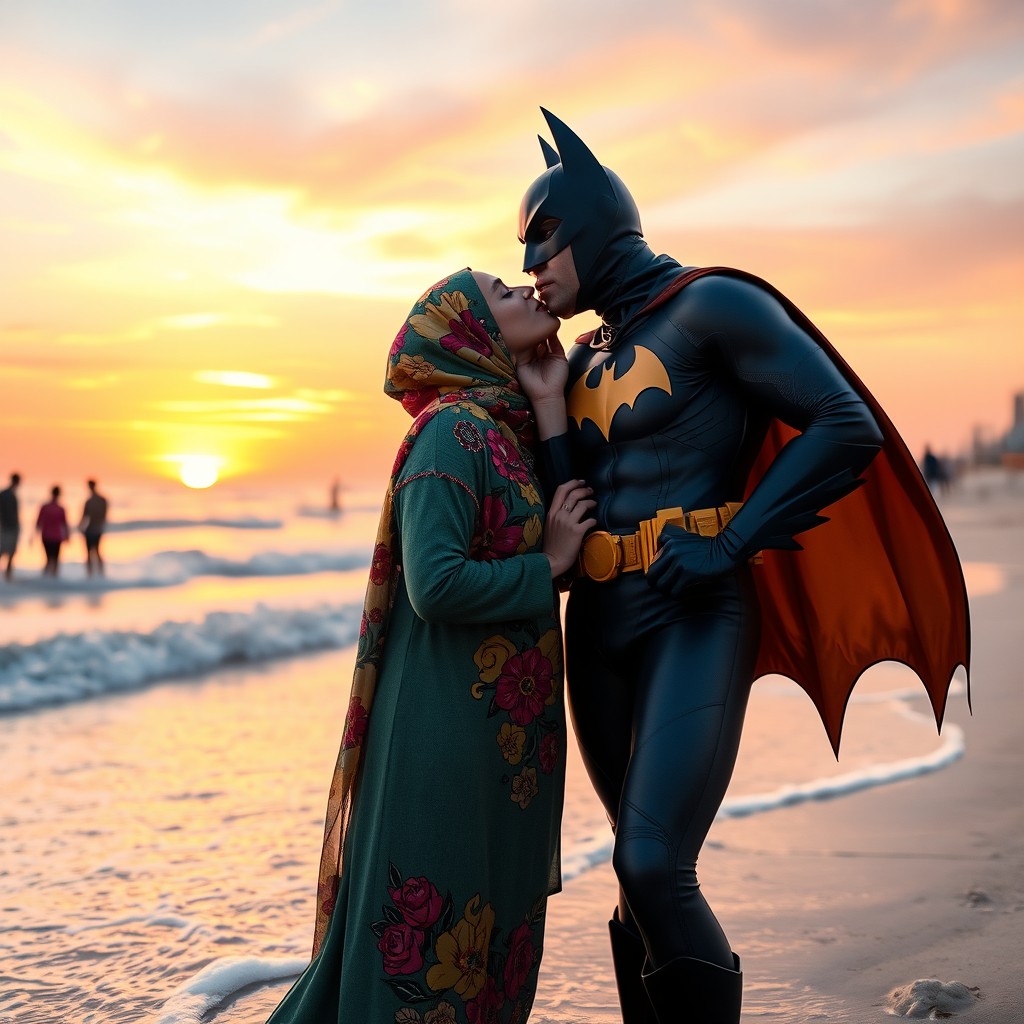 A romantic scene at a beach, featuring a Muslim girl (wearing a colorful hijab) and Batgirl (in her classic superhero costume) sharing a passionate kiss