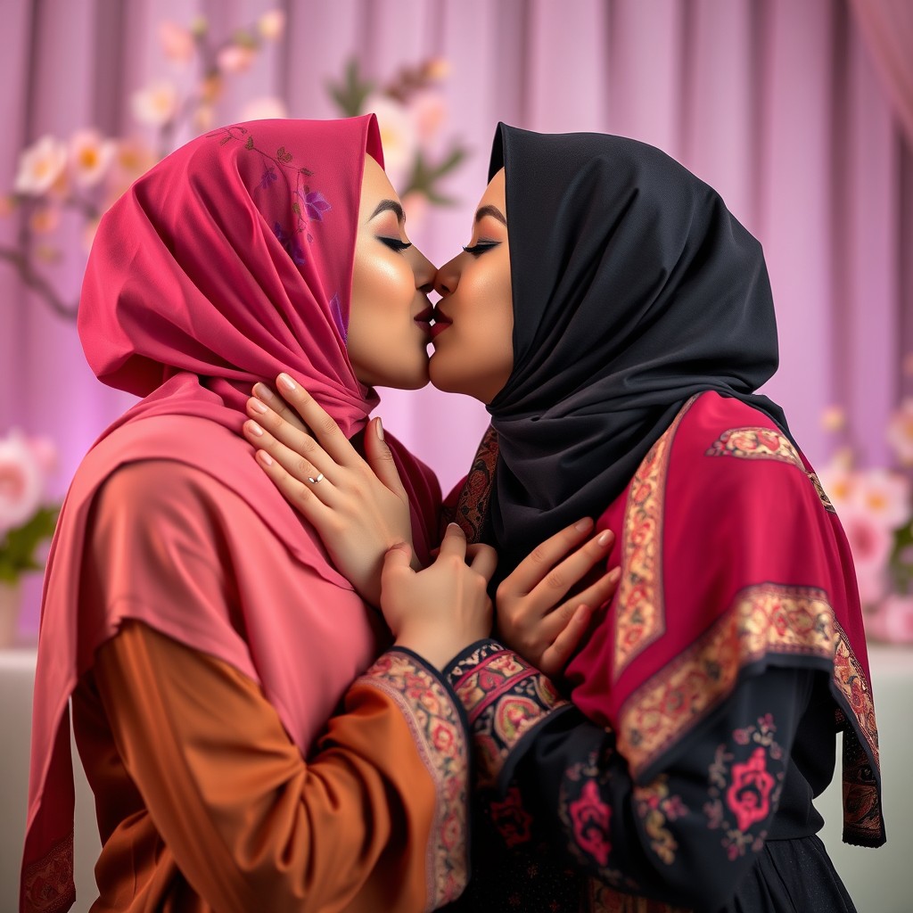 Two Muslim girls engaging in a passionate French kiss, both wearing beautiful hijabs that complement their outfits, with vibrant colors and intricate patterns