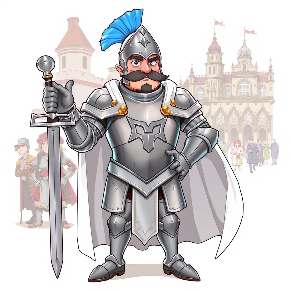 Character concept art of Guardia Armandillo 'Armand' Valesco, a pompous comedic fantasy guard
