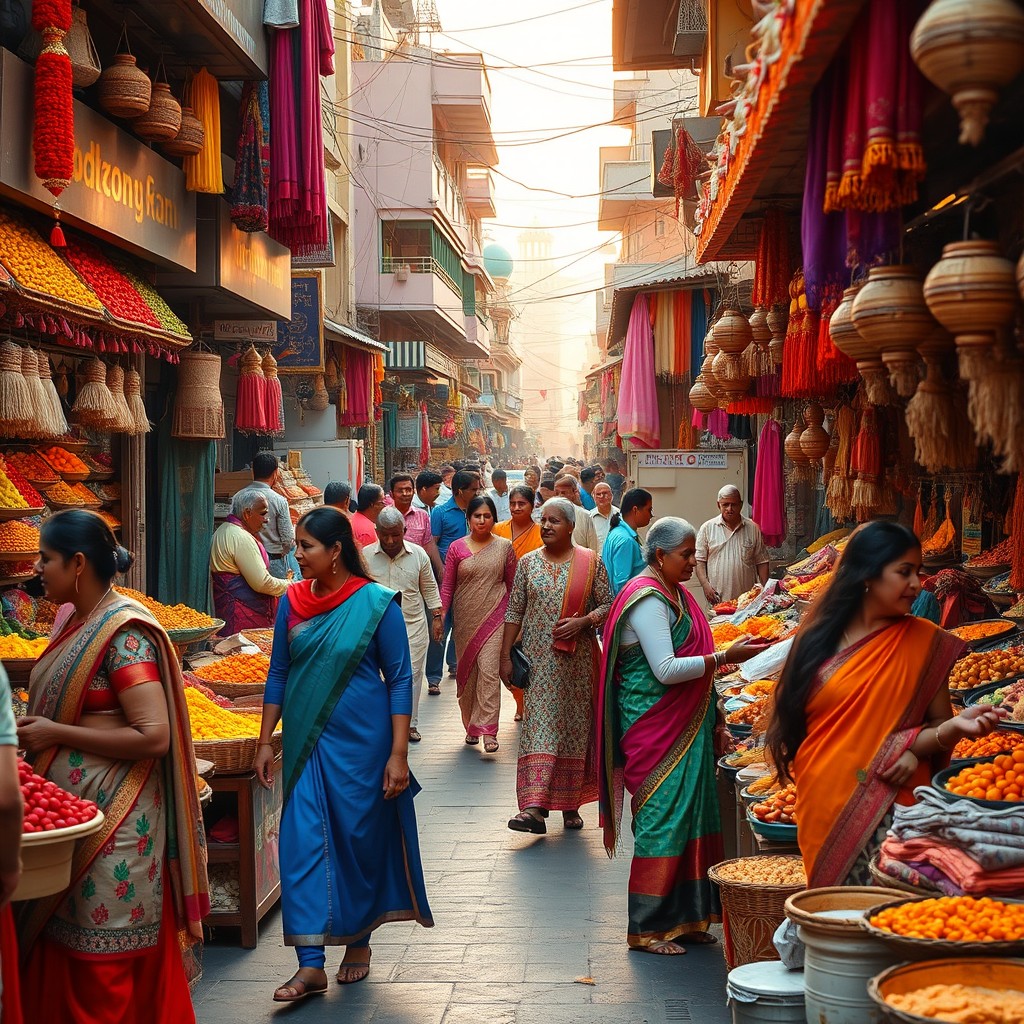 A vibrant Indian street market filled with colorful spices, fruits, and textiles