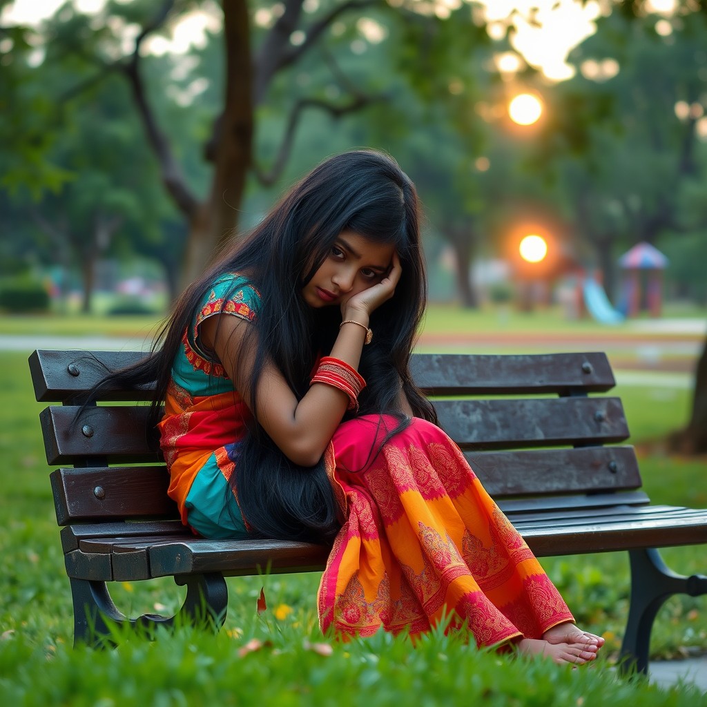 A young Indian girl sitting alone on a park bench, her head resting on her hand, conveying a deep sense of sadness and depression