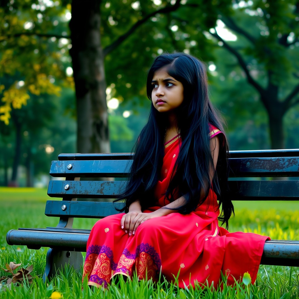 A young Indian girl sitting alone on a park bench, her expression showing deep sadness and introspection