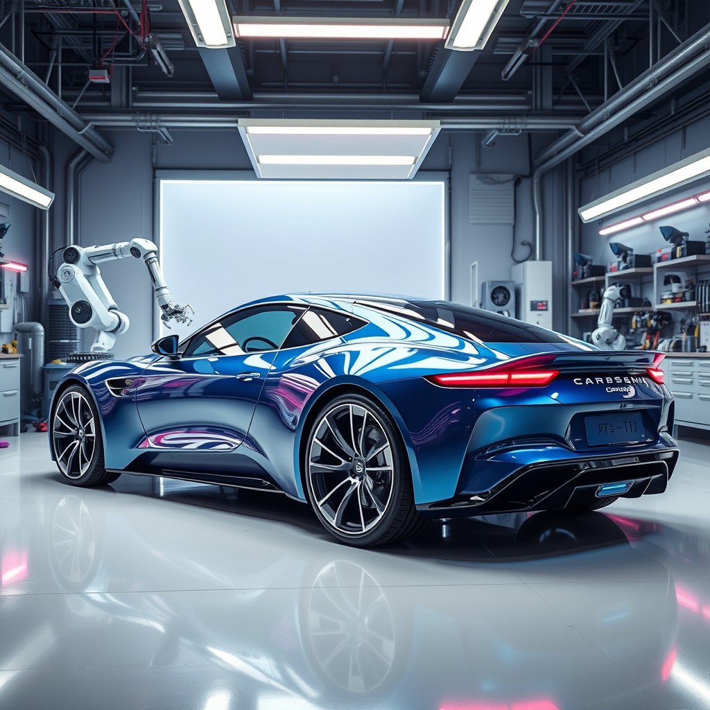 A sleek and modern car being transformed in a futuristic garage, with advanced robotic arms working on it, new paint being applied, and high-tech tools around