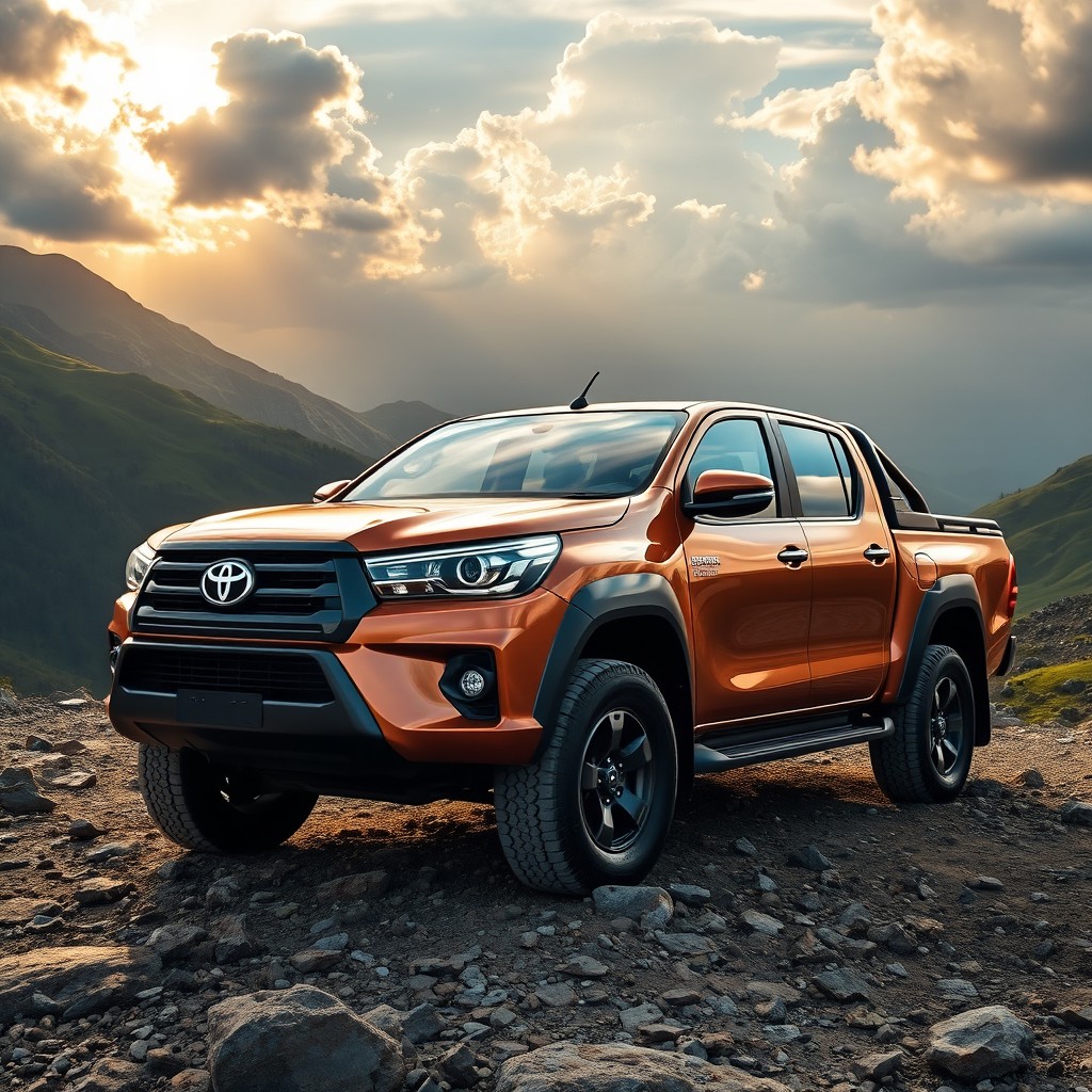 A rugged and powerful Toyota Hilux pickup truck parked on a rocky mountain terrain, showcasing its robust design and off-road capabilities