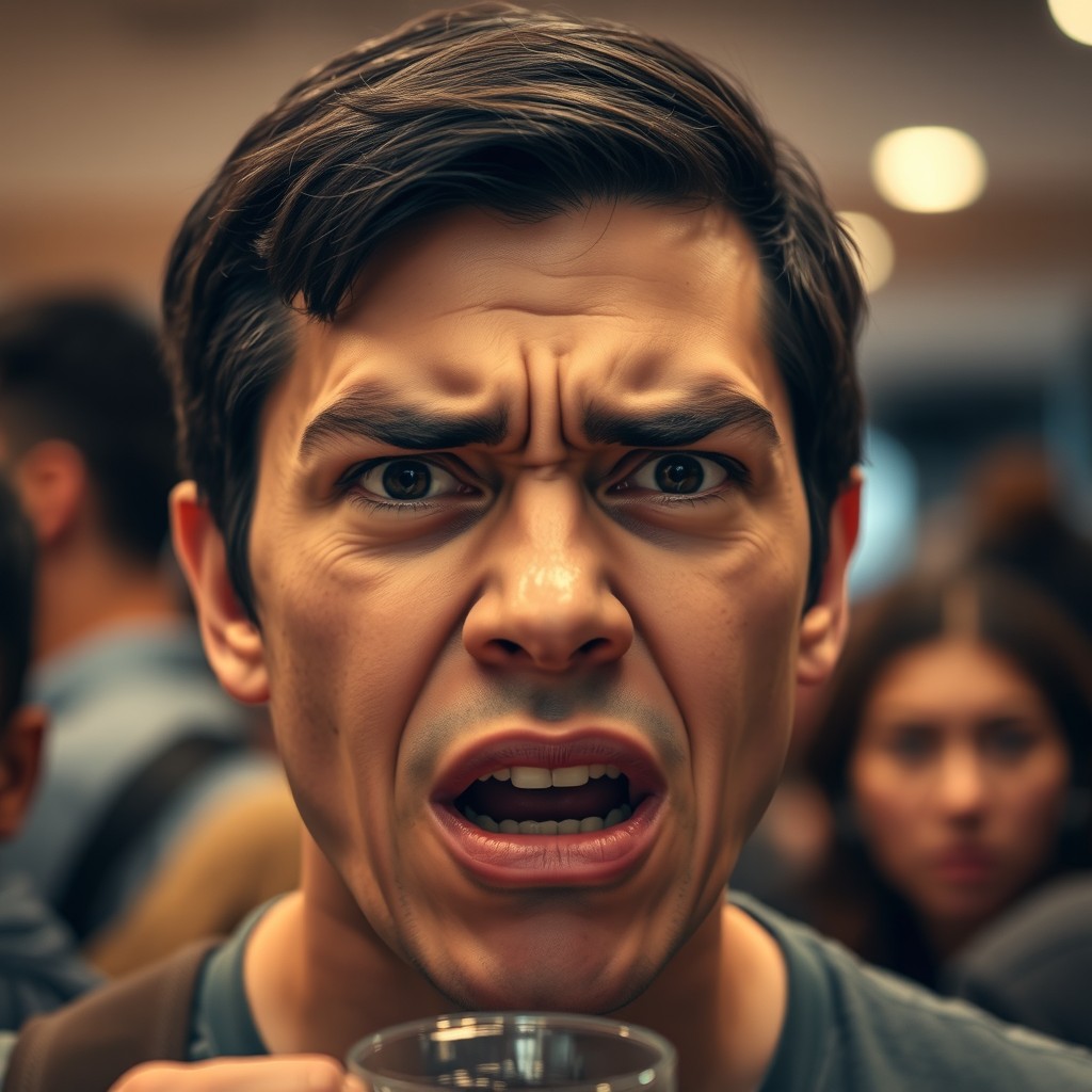 A close-up of a person's face expressing frustration and exasperation
