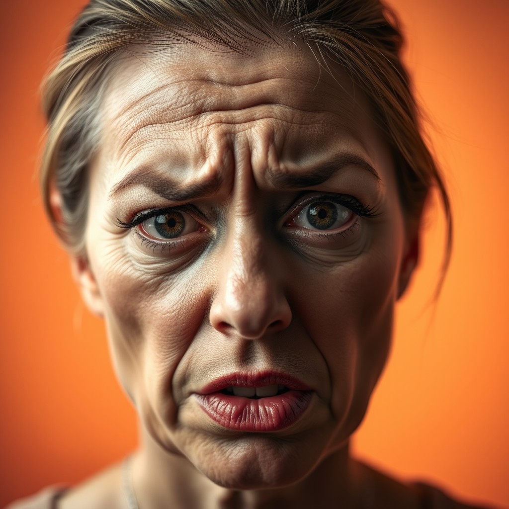 A close-up portrait of an adult woman with an expressive face conveying a feeling of being fed up