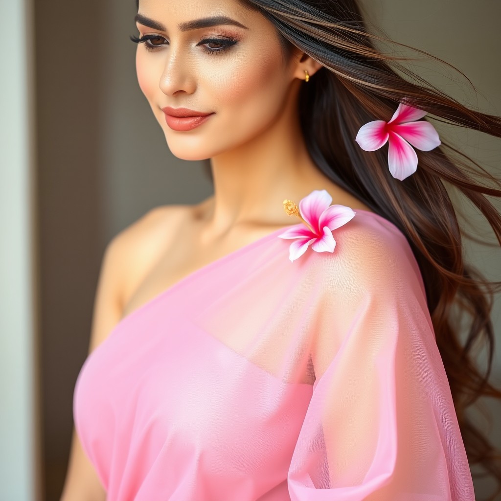 A beautiful woman wearing a transparent pink saree, her open hair flowing elegantly down her shoulders