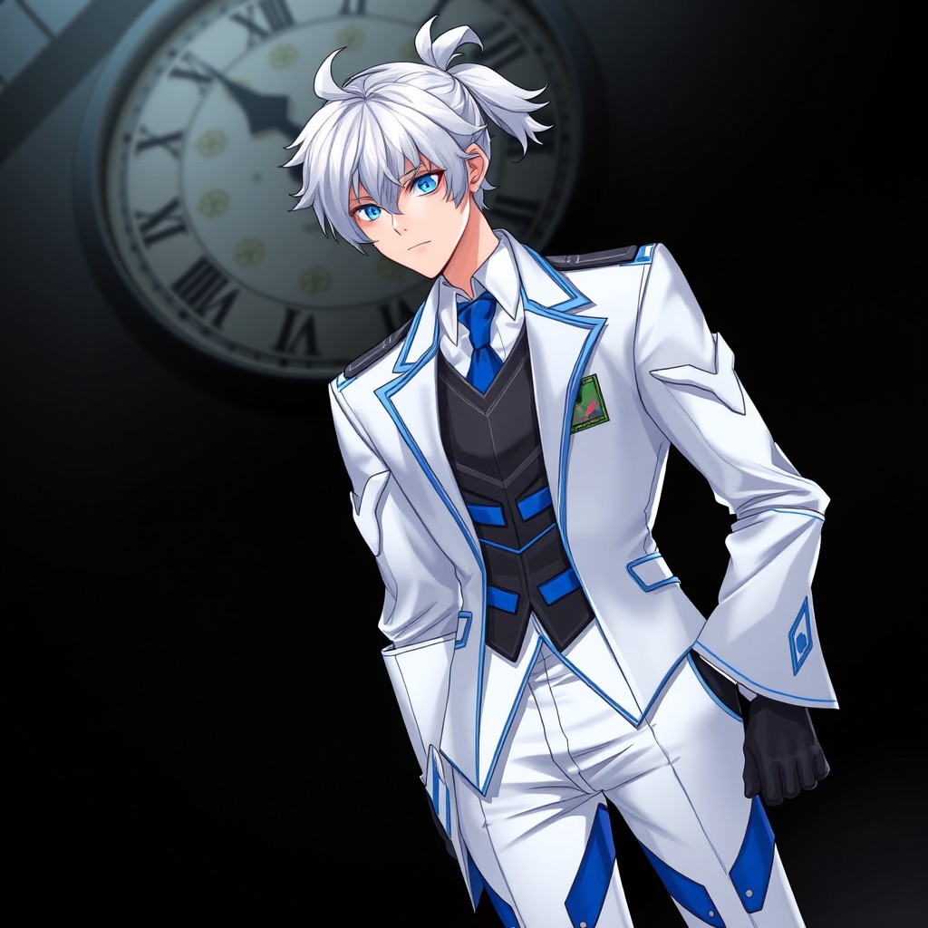 A male character with light, almost white hair styled with a front curl and a short ponytail