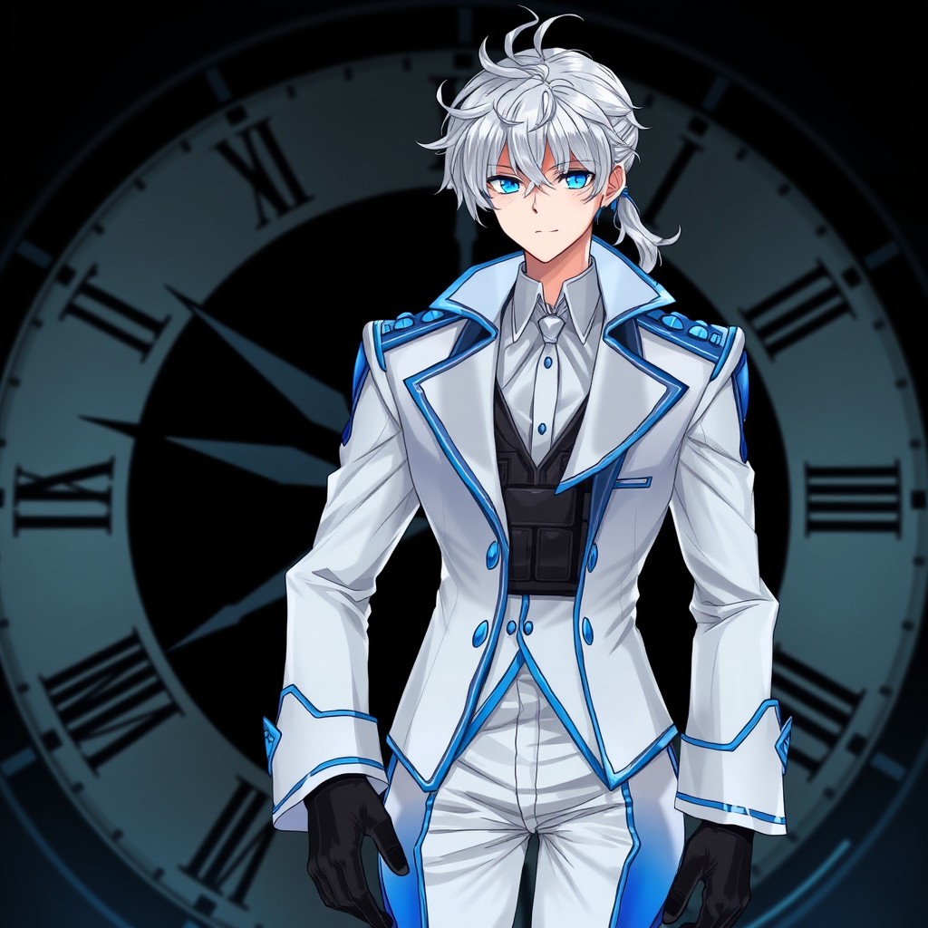 A male character with light, almost white hair styled with a front curl and a short ponytail