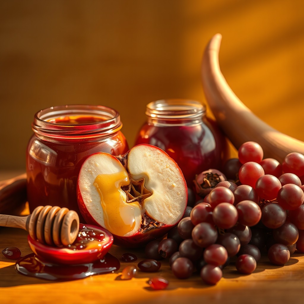 A professional, high-quality still life composition celebrating Rosh Hashanah, featuring a square format image