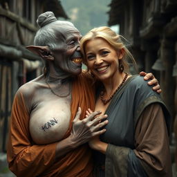 In a medieval village, an elderly black woman, short and emaciated with rotten teeth and elf-like ears, dressed in a long, fully closed Buddhist robe, has her gray hair styled in a bun and wears medieval earrings