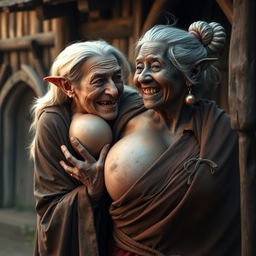 In a medieval village, an elderly black woman, short and emaciated with rotten teeth and elf-like ears, dressed in a long, fully closed Buddhist robe, has her gray hair styled in a bun and wears medieval earrings