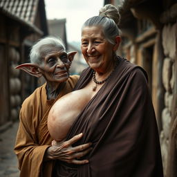 In a medieval village, an elderly black woman, short and emaciated with rotten teeth and elf-like ears, is dressed in a long, fully closed Buddhist robe, her gray hair styled in a bun and adorned with medieval earrings