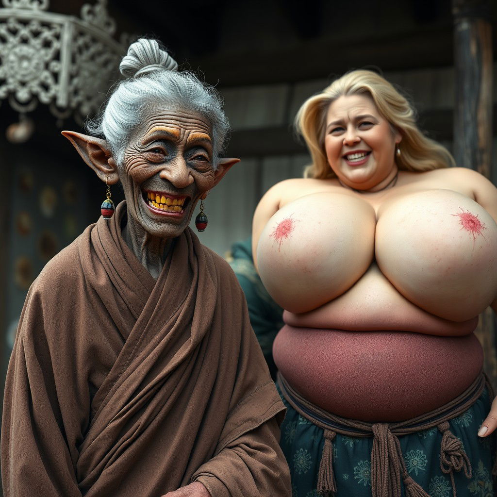 In a medieval village, an elderly black woman, short and emaciated, features crooked teeth and pointed ears