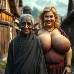 In a medieval village, an elderly black woman, short and emaciated, features crooked teeth and pointed ears