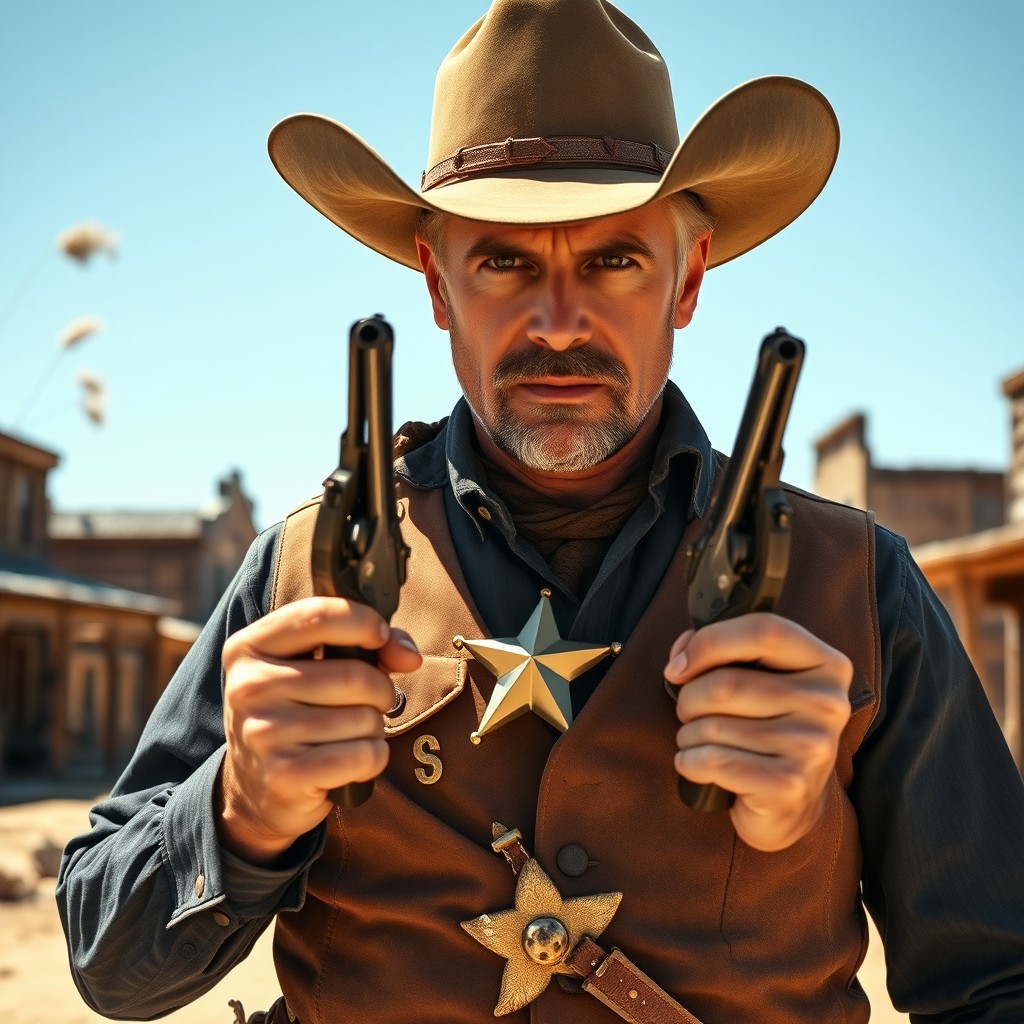 A close-up portrait of a rugged sheriff in the Old West, standing confidently in a dusty street of a small frontier town