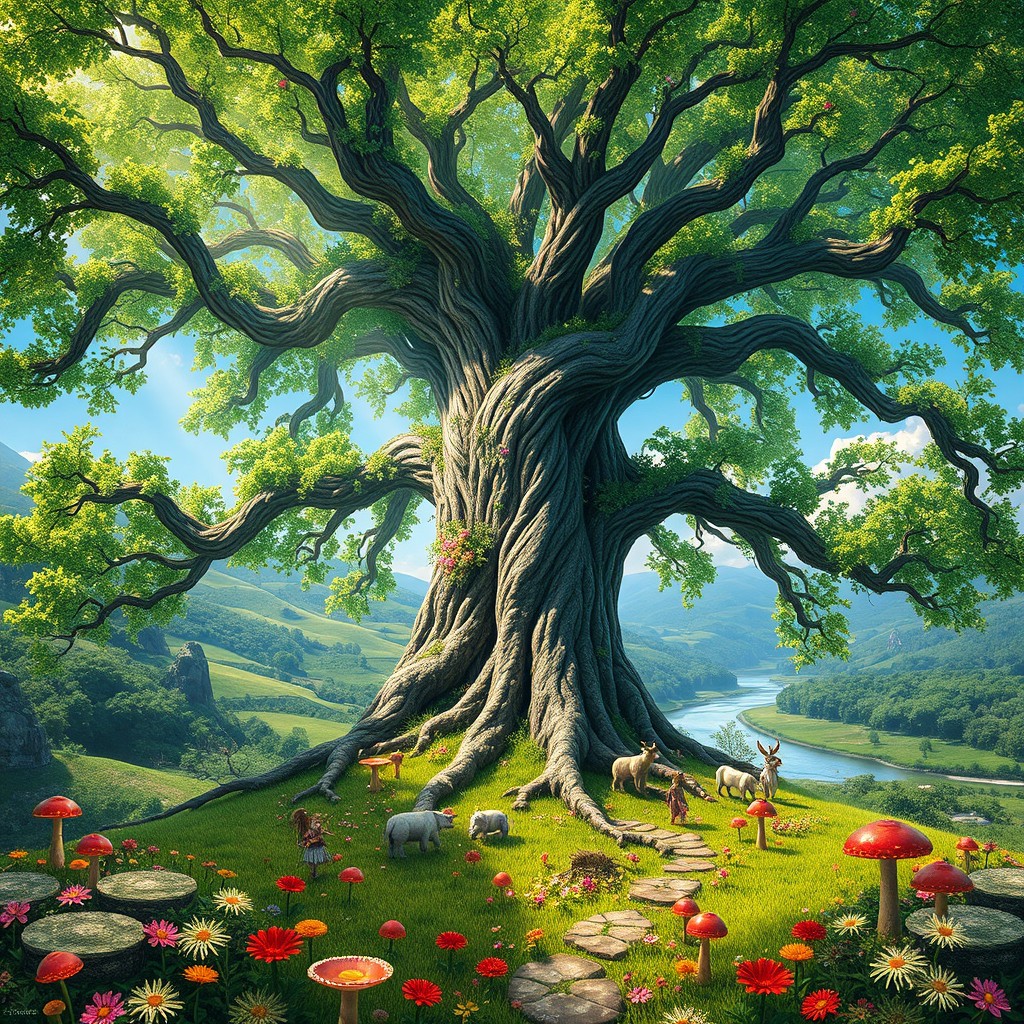 A majestic World Tree, its massive trunk covered in emerald green leaves and vibrant flowers, sprawling branches reaching into a clear blue sky