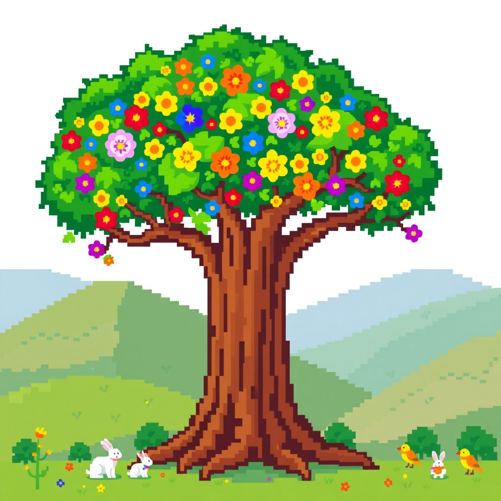 A pixel art representation of the World Tree, featuring a colorful and whimsical design