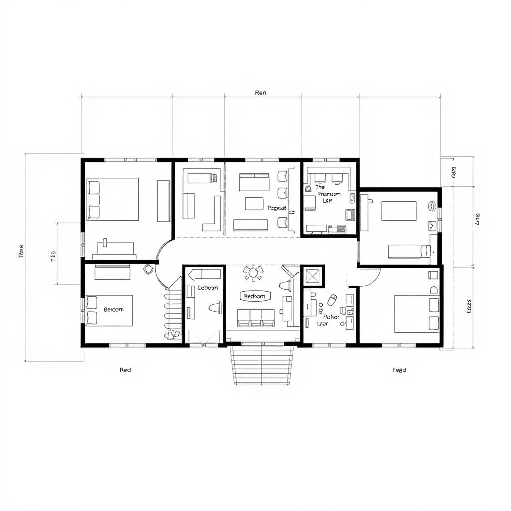 A detailed architectural plan of a house featuring three bedrooms, two offices, and three bathrooms