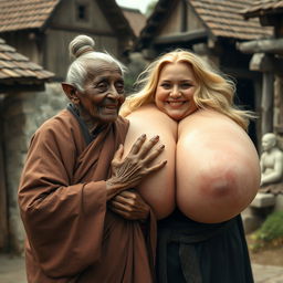 In a medieval village, an elderly black woman of short stature and frail appearance, with rotten teeth and pointy ears, is dressed in a long, fully closed Buddhist cloak