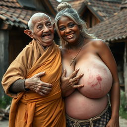 In a medieval village, an elderly black woman of short stature and frail appearance, with rotten teeth and pointy ears, is dressed in a long, fully closed Buddhist cloak