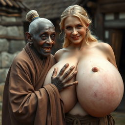 In a medieval village, an elderly black woman of short stature and frail appearance, characterized by rotten teeth and pointy ears, is wearing a long, fully closed Buddhist cloak