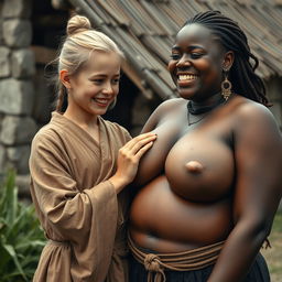 In a poor medieval village, a young, very short, undernourished blonde woman with rotten teeth and a bun hairstyle wears a long, fully-closed Buddhist robe and medieval earrings