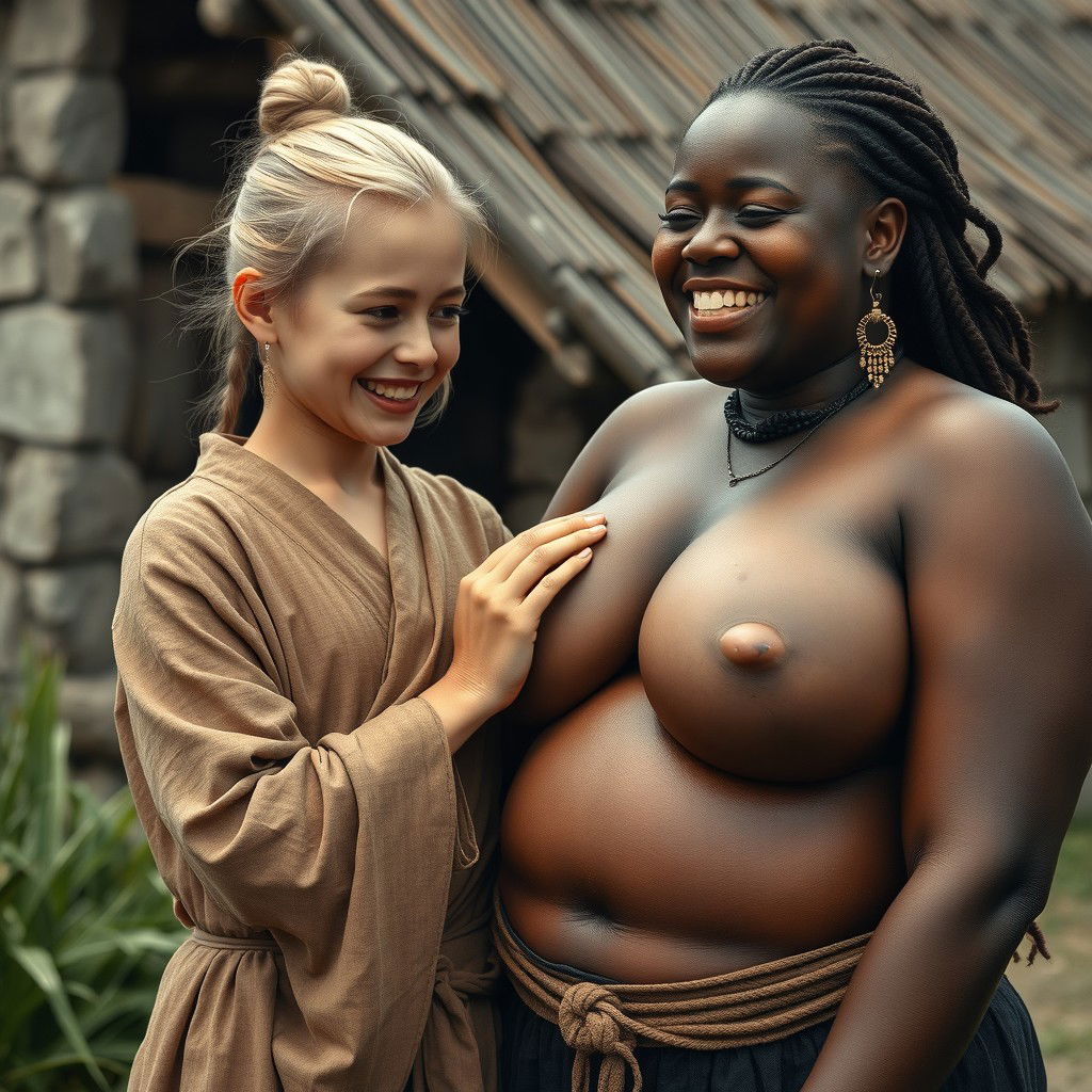 In a poor medieval village, a young, very short, undernourished blonde woman with rotten teeth and a bun hairstyle wears a long, fully-closed Buddhist robe and medieval earrings