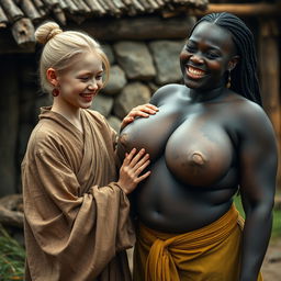 In a poor medieval village, a young, very short, undernourished blonde woman with rotten teeth and a bun hairstyle wears a long, fully-closed Buddhist robe and medieval earrings