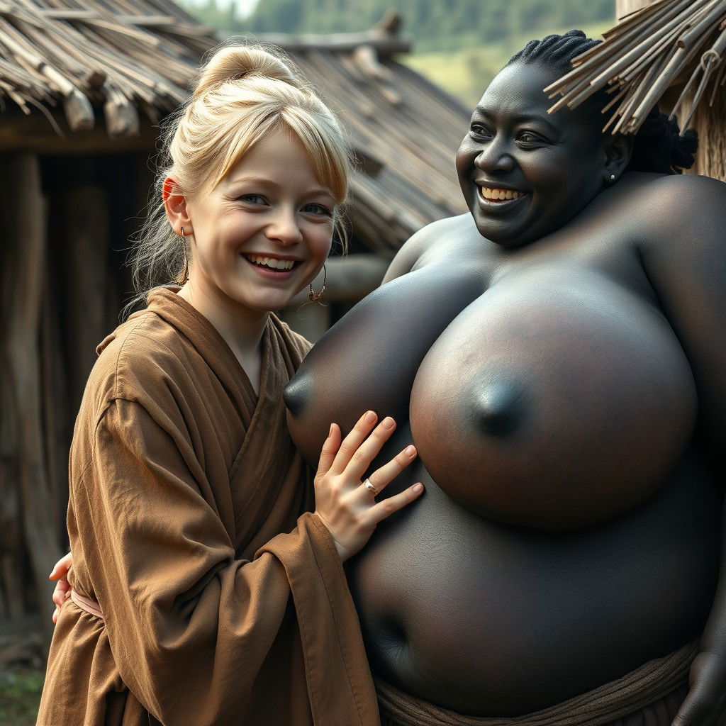 In a poor medieval village setting, a young, very short, undernourished blonde woman with rotten teeth wears a long, fully-closed Buddhist robe