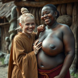 In a poor medieval village setting, a young, very short, undernourished blonde woman with rotten teeth wears a long, fully-closed Buddhist robe