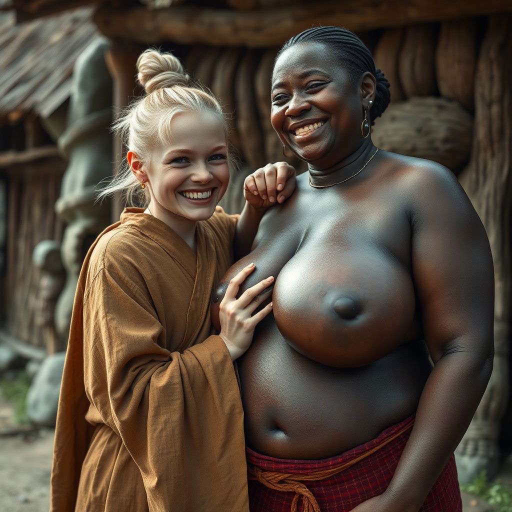 In a poor medieval village setting, a young, very short, undernourished blonde woman with rotten teeth wears a long, fully-closed Buddhist robe